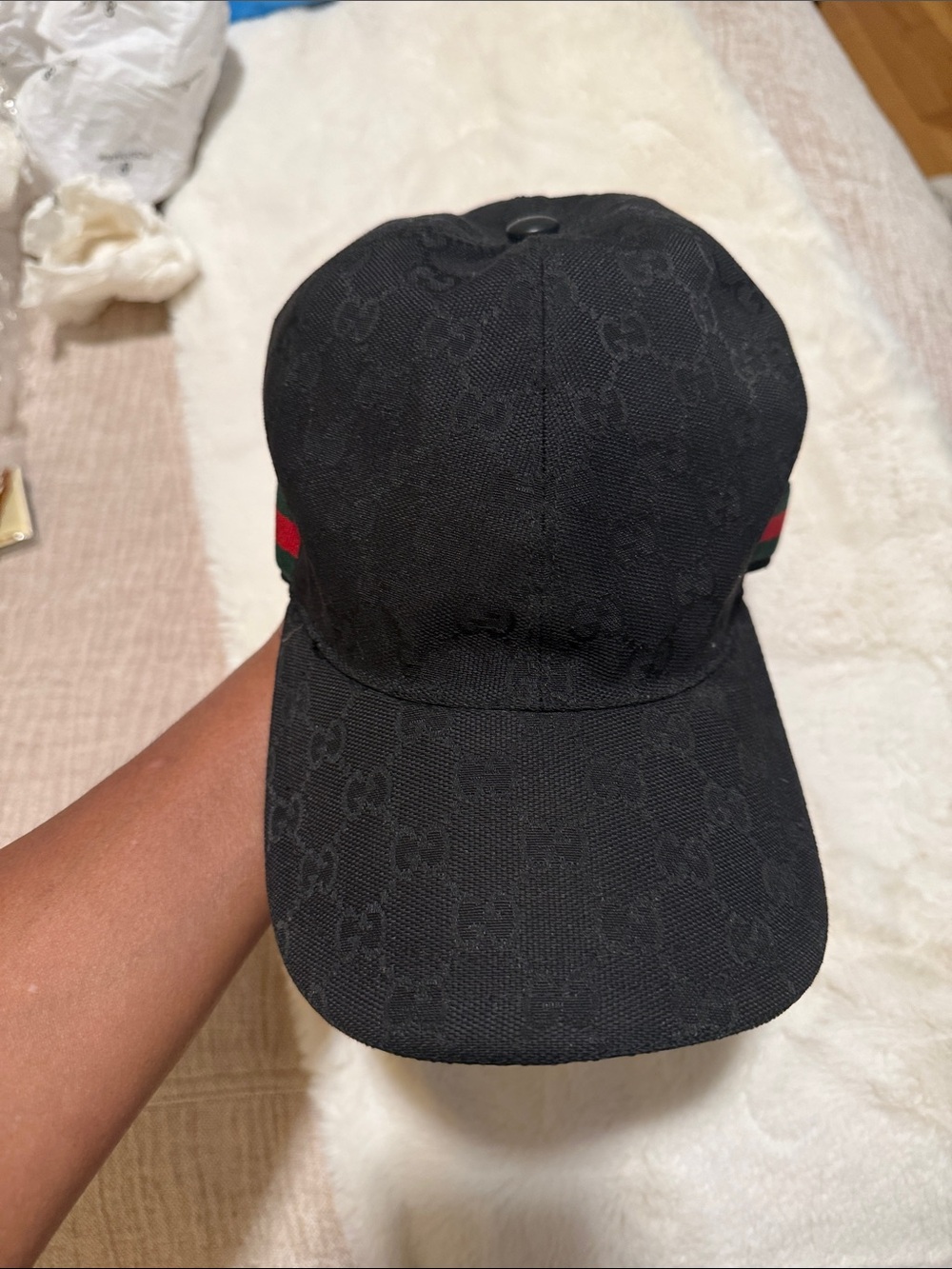 Black Gucci Monogram Baseball Cap with Red & Green Stripe
